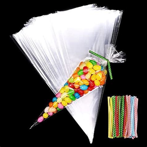 Maouywiee Cone Bag 100 PCS Clear Cello Treat Bags Popcorn Bags Triangle