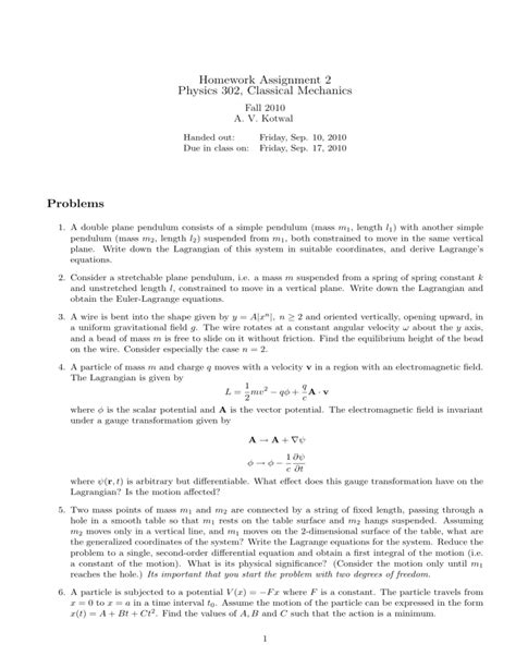 Homework Assignment 2 Physics 302 Classical Mechanics Problems Fall 2010