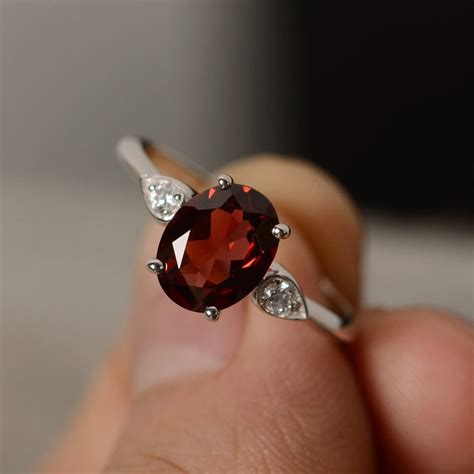 Red Garnet Ring Sterling Silver Oval Gemstone Ring Engagement Etsy