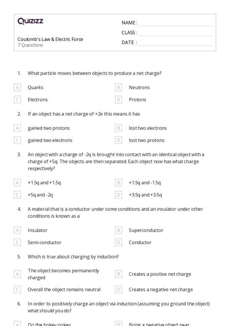 Coulombs Law And Electric Force Worksheets For Th Class On