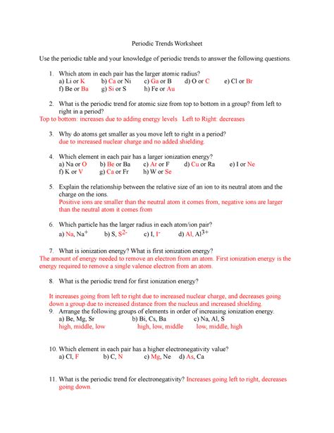 Periodic Trends Worksheet Answers Periodic Trends Worksheet Use The