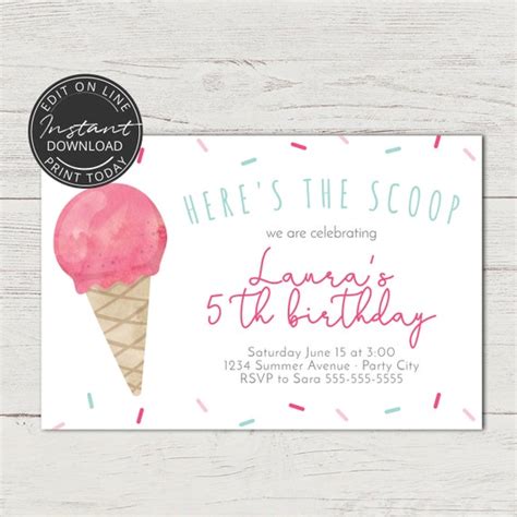 Paper Paper And Party Supplies Printable Pdf Invitation Ice Cream Parlor Editable Invitation