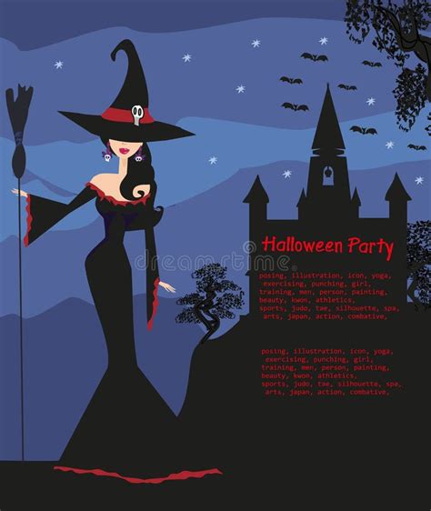 Halloween Uitnodiging Met Mooie Heks En Griezelig Kasteel Vector Illustratie Illustration Of