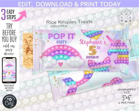 Pop It Fidget Toys Rice Krispies Treats Wrapper Label Unicorn Mermaid Favors Birthday Party