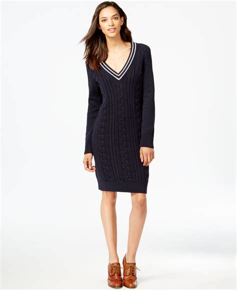 Lyst Tommy Hilfiger Cable Knit V Neck Sweater Dress In Blue