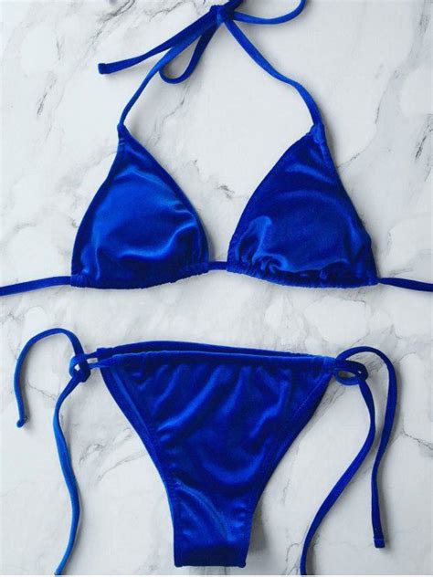 18 OFF 2021 Velvet String Bikini Swimwear In BLUE ZAFUL