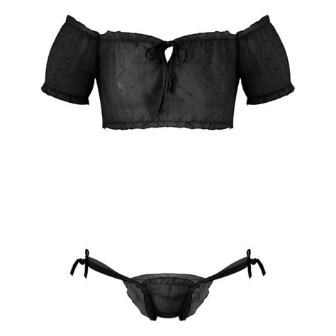 Men Male Chiffon Lingerie Exotic Sets Sissy Nightwear Sheer Mesh Off Shoulder Ruffled Crop Tops