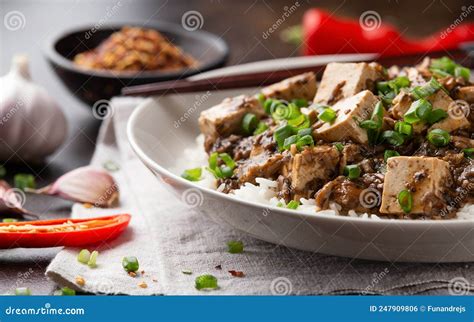 Vegan Mapo Tofu With Mushroom And Rice Asian Chinese Food Stock Photo