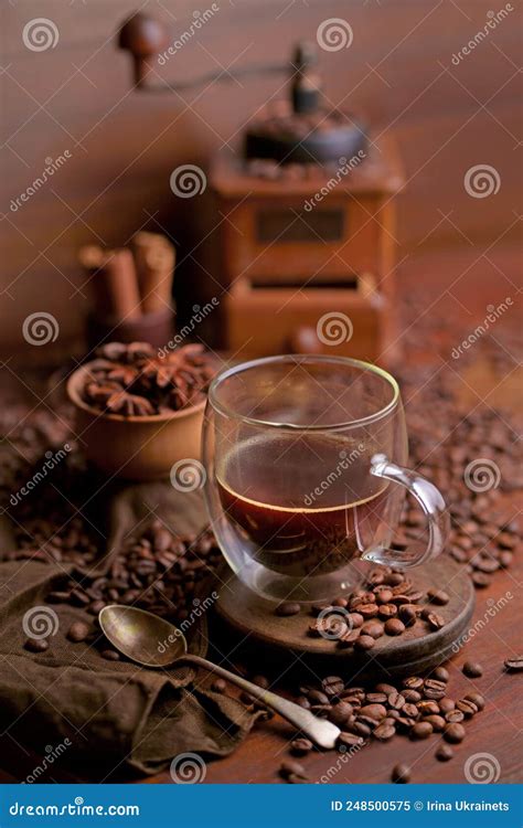 Coffee Latte And Coffee Beans On Wooden Table Stock Image Image Of