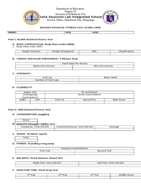 Revised Physical Fitness Test Score Card