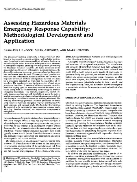 Fillable Online Onlinepubs Trb ASSESSING HAZARDOUS MATERIALS EMERGENCY