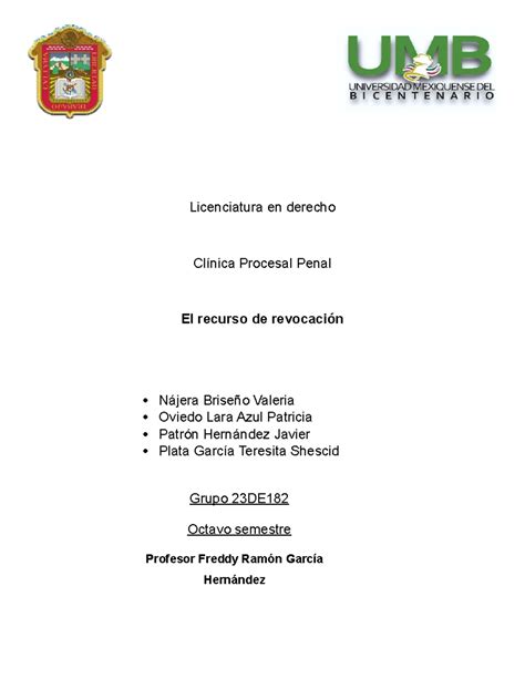 Recurso De Revocaci N Penal Licenciatura En Derecho Cl Nica Procesal