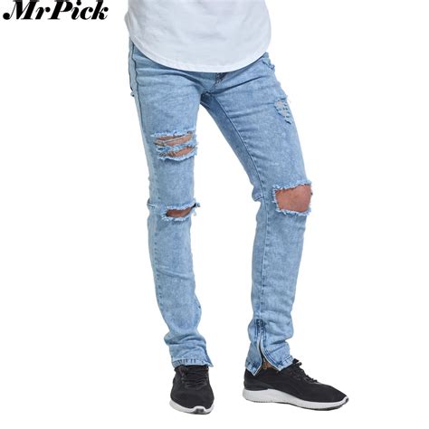 New Ripped Ankle Zipper Skinny Jeans Men Fashion Casual Designer