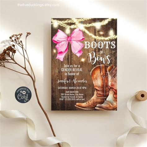 EDITABLE Boots Or Bows Gender Reveal Party Invitation Etsy