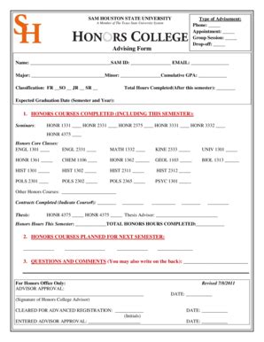 Fillable Online Shsu Honors Academic Advising Form Sam Houston State