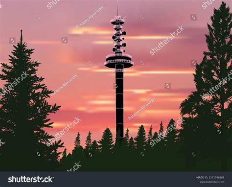 Illustration Antenna Tower Silhouette Green Forest Stock Vector