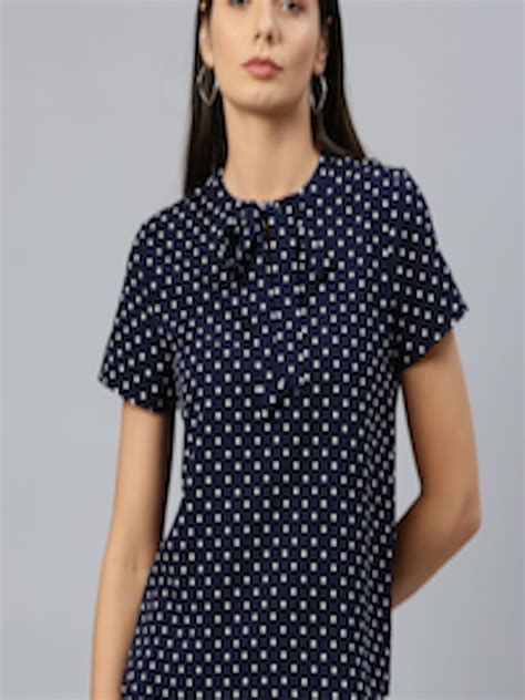 Buy Chemistry Women Navy Blue And White Printed Regular Top With Tie Up