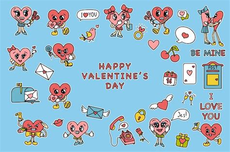 Premium Vector Trendy Groovy Valentines Day Sticker Set Retro