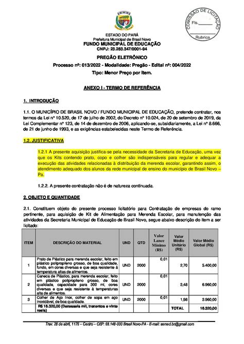 JUSTIFICATIVA PE 004 2021 KIT MERENDA ESCOLAR 2021 Prefeitura