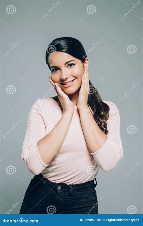 Portrait Smiling Brunette Woman Posing Stock Image Image Of Studioshot Alone 129051707