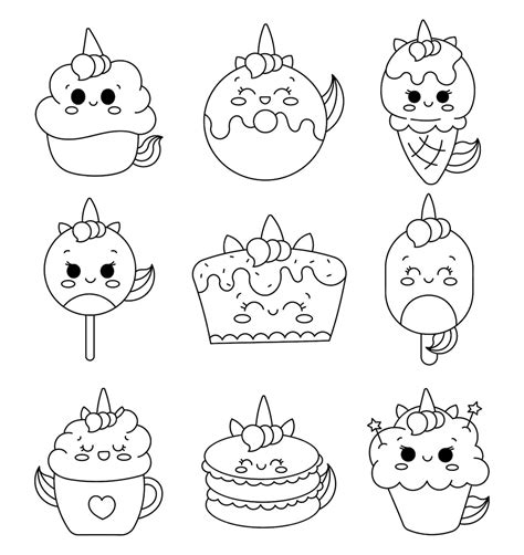 Premium Vector Cute Kawaii Unicorn Food And Dessert Coloring Page