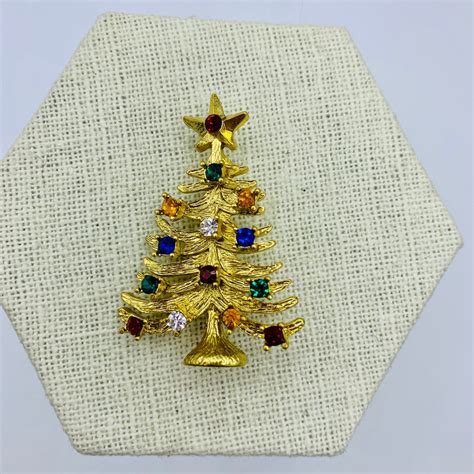 Vintage Christmas Tree Gold Tone Brooch Red Blue Green Etsy