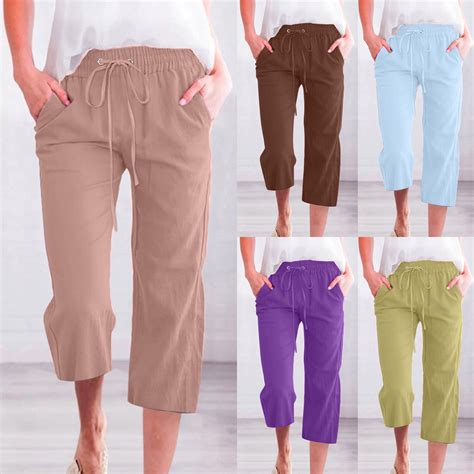 Cflvaek Women S Cotton Linen Capri Pants Plus Size Straight Wide Leg