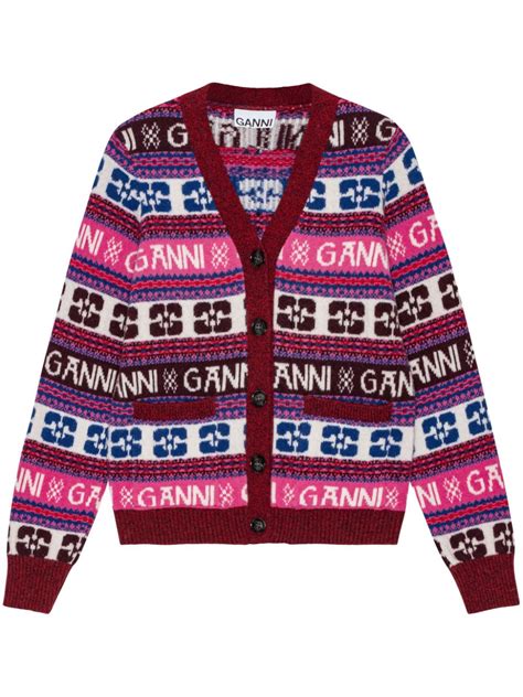 Ganni Intarsia Logo V Neck Cardigan Farfetch