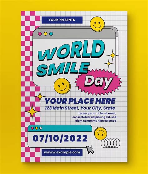 The World Smile Day Flyer Is Displayed On A Yellow Background With