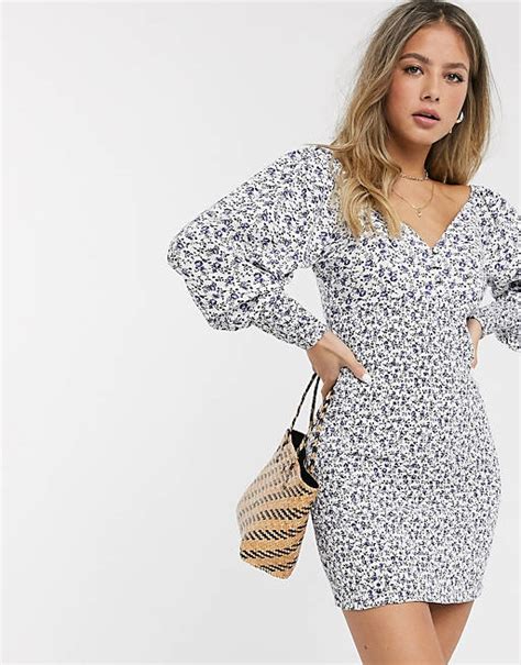 Asos Design Shirred Mini Dress With Long Sleeves In Ditsy Floral Print