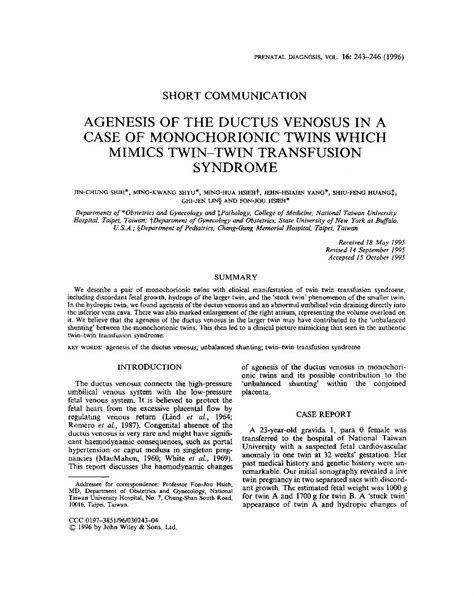 Pdf Agenesis Of The Ductus Venosus In A Case Of Monochorionic Twins