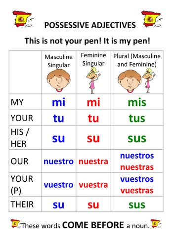 Chart For Possessives Adjectives Using Mi Tu Sus Ect Diagram Quizlet