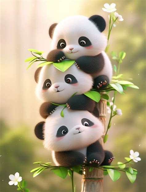 Three Panda Bears With Bamboo Leaves And Flowers