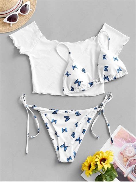 57 OFF 2021 ZAFUL Off Shoulder Butterfly String Three Piece Bikini