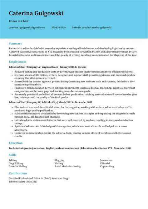 Editor In Chief Resume Cv Example And Writing Guide