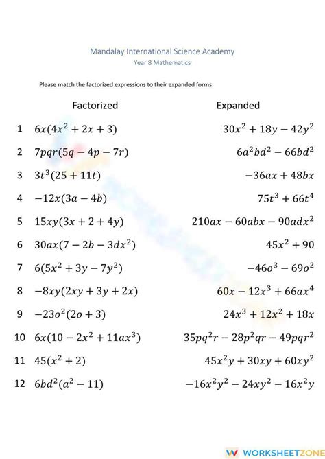 Algebra Factorizing Expanding Brackets Worksheet