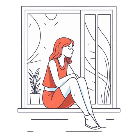 Premium Vector Sad Young Woman Sitting On The Window Sill In Line Art Style