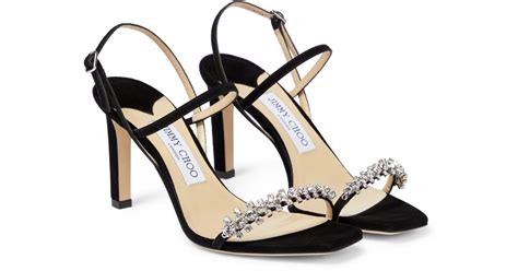 Jimmy Choo Meira 85 Embellished Suede Sandals In Black Crystal Black