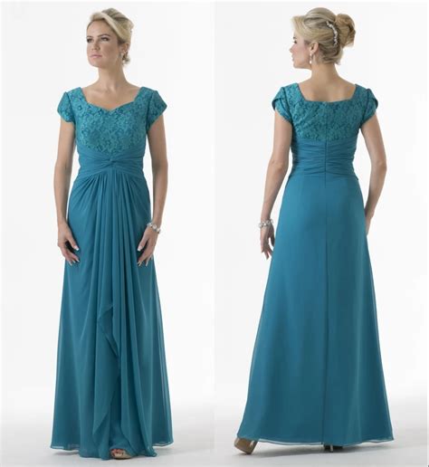 Teal Green Long Modest Bridesmaid Dresses 2017 With Cap Sleeves A Line Lace Chiffon Floor Length