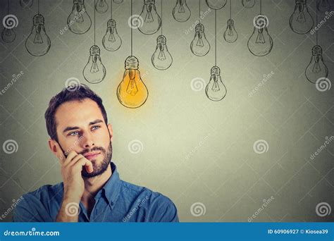 Man Looking Up With Idea Light Bulb Above Head Stock Image Image Of