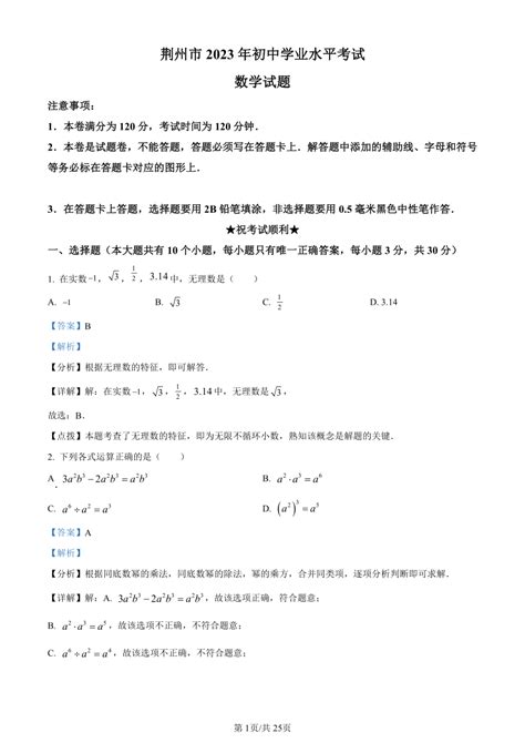 2023年湖北省荆州市数学中考真题（解析版） 21世纪教育网