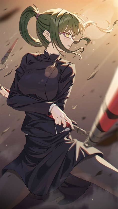 An Anime Character With Green Hair And Black Dress Holding A Red Pencil In Her Right Hand