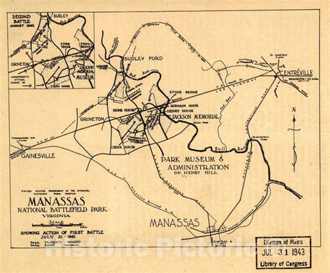 Historic 1942 Map - Manassas National Battlefield Park, Virginia. Show ...