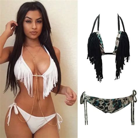 Sexy Women Tassel Bandage Bikini Set Push Up Padded Bra Swimsuit