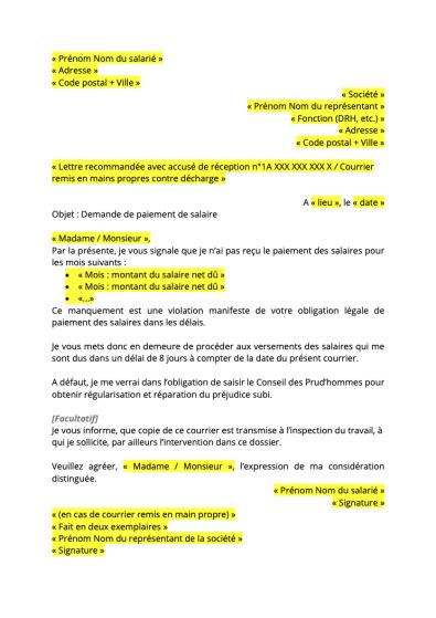 Lettre Pour R Clamer Des Salaires Impay S Formats Word Pdf