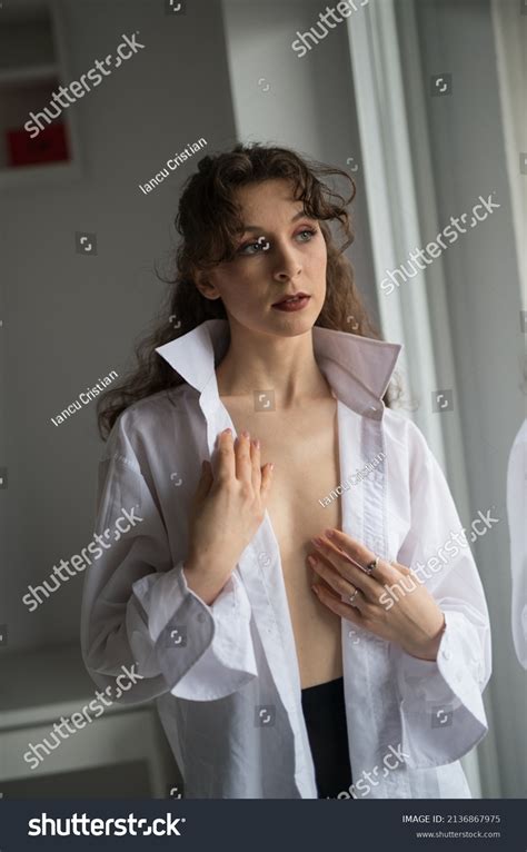 Attractive Sexy Brunette White Shirt Posing Stock Photo 2136867975