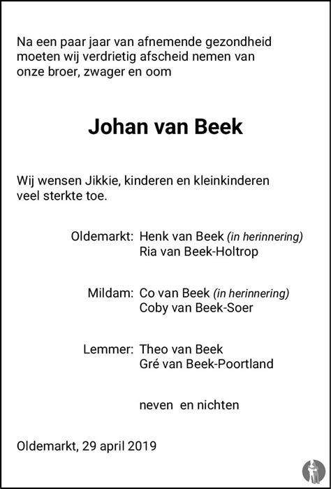 Johan Theo Van Beek 29 04 2019 Overlijdensbericht En Condoleances