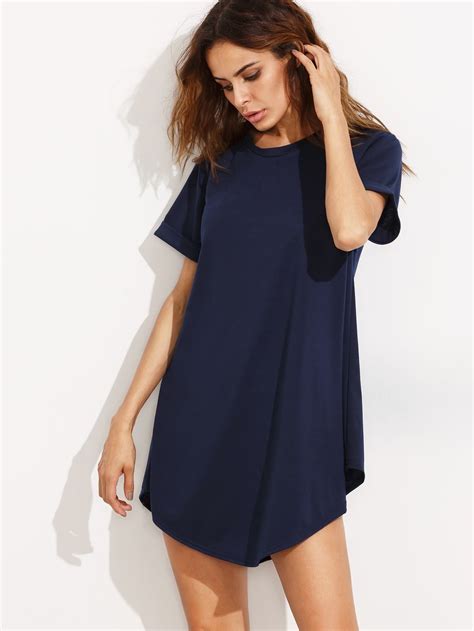 Navy Blue Cuffed Sleeve Shift Dress Sheinsheinside