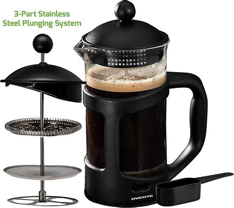 Ovente French Press Carafe Coffee 34 Ounce With Heat Resistant Glass 3 Filter Stainless Steel