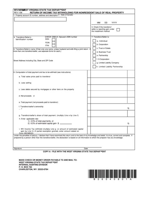 Form Wv Nrsr Return Of Income Tax Withholding For Nonresident Sale Of